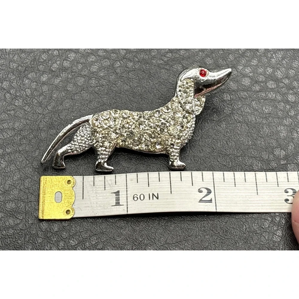 Vintage Dachshund Dog Brooch Pin Crystal Rhinestone Silver Tone Red Eye